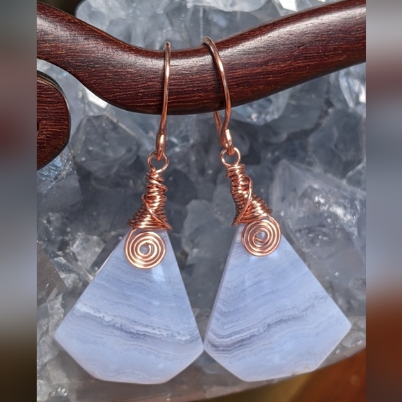 Natural Blue Lace Agate Earrings Copper Spirals Geometric Dangle Drop Design - Picture 10 of 15